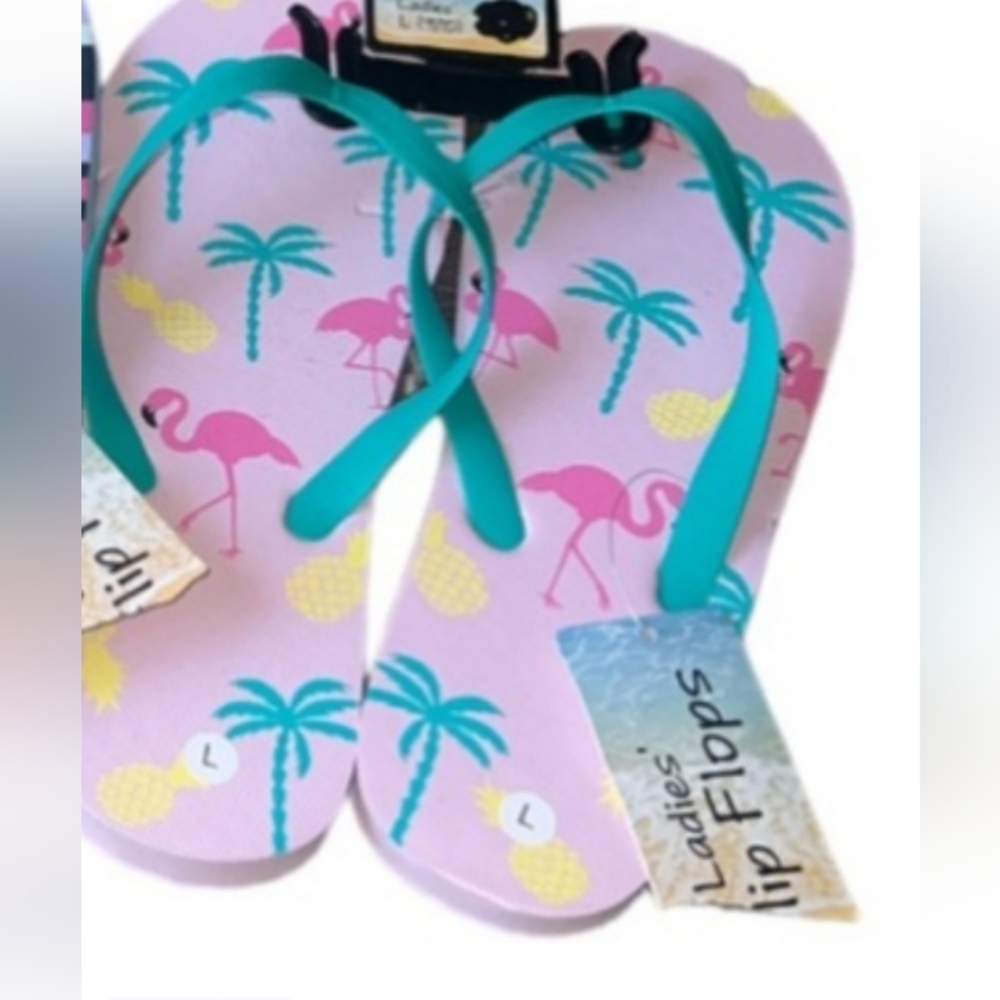 Old Navy Flamingo Printed Flip-Flops Summer Pink Turquoise Unisex Size 10 New